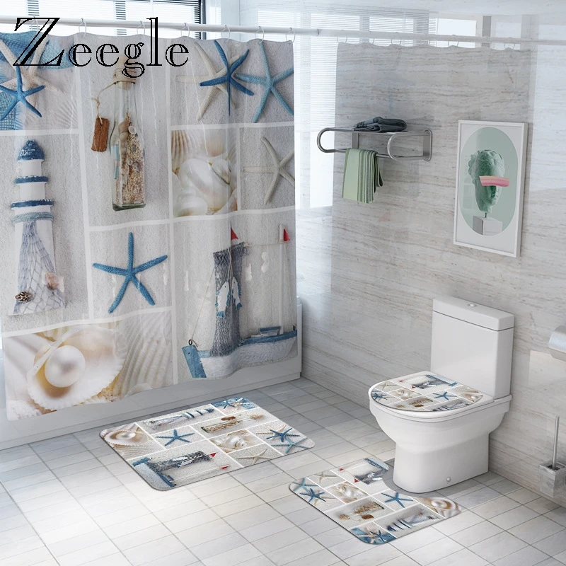 Bathroom Bath Mat and Shower Curtain Set Toilet Cover Mat Toilet Pedestal Rug Toilet Shower Curtain Ant-slip Bathroom Carpet Rug