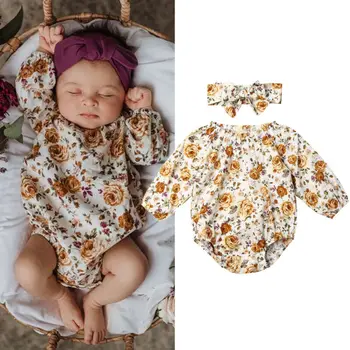

0-18 Months Newborn Baby Girls Bodysuit Long Sleeve Floral Jumpsuits For Girls Clothes Summer Jumpsuit Hairbands Girls Outfits