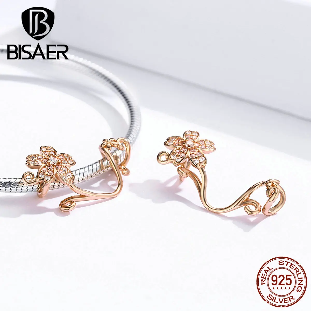 BISAER 925 Sterling Silver Blooming Sakura Flower Beads Pink Zircon Charms fit Women Bracelets silver 925 original Jewelry