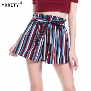 

Shorts String Elastic Waist Summer Elastic Casual Short Pants Stripe Printing High Waist Shorts Ladies Fashion Bandage