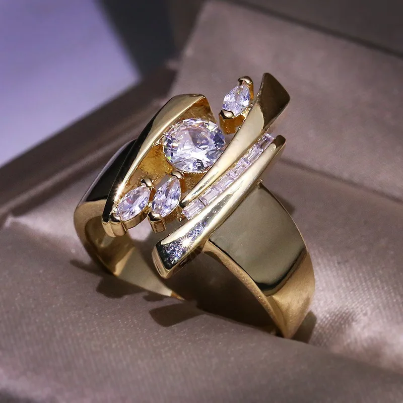 Золотое кольцо неправильной формы с Bling кольца с фианитом для женщин Свадебная Модная бижутерия для помолвки индийские ювелирные изделия Новинка