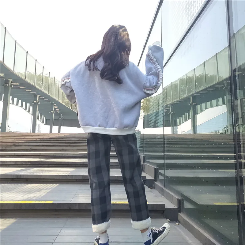 Зимние толстые теплые клетчатые штаны корейский стиль Harajuku Флисовые женские длинные брюки Винтажные эластичные талии повседневные Прямые брюки