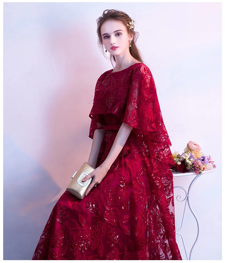 Wine Red Sequined Lace Long Prom Dresses 2019 A-line Scoop Neck With Jacket Floor-length  Plus Size Formal Dresses For Women