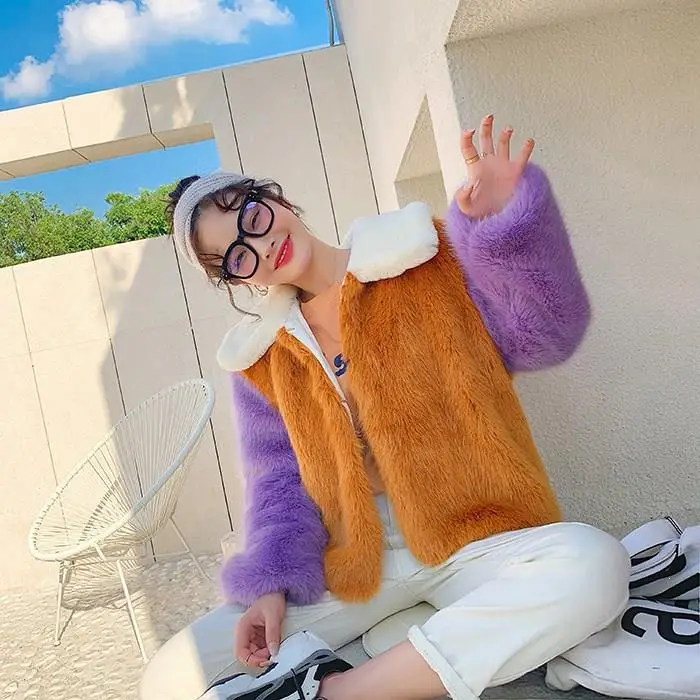 

Chic Girls Luxury Patchwork Faux Fox Fur Coat Winter Fashion Overcoat Outerwear Casual Fuzzy Cozy Coat