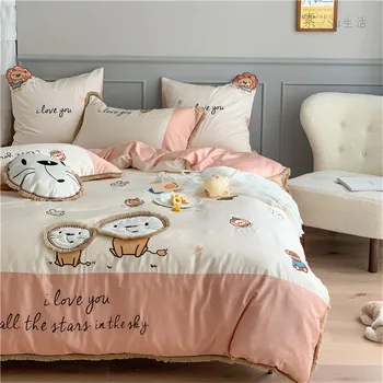 

4-7Pcs Baby Cartoon Comforter Bedding Set King Size Embroidery Quilts Duvet Cover Euro Sheet