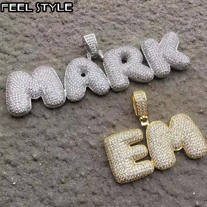 

Custom Name Zircon Iced Out Bubble Letters Chain Pendants & Necklaces For Men Hip Hop Jewelry With Gold Silver Tennis Chain