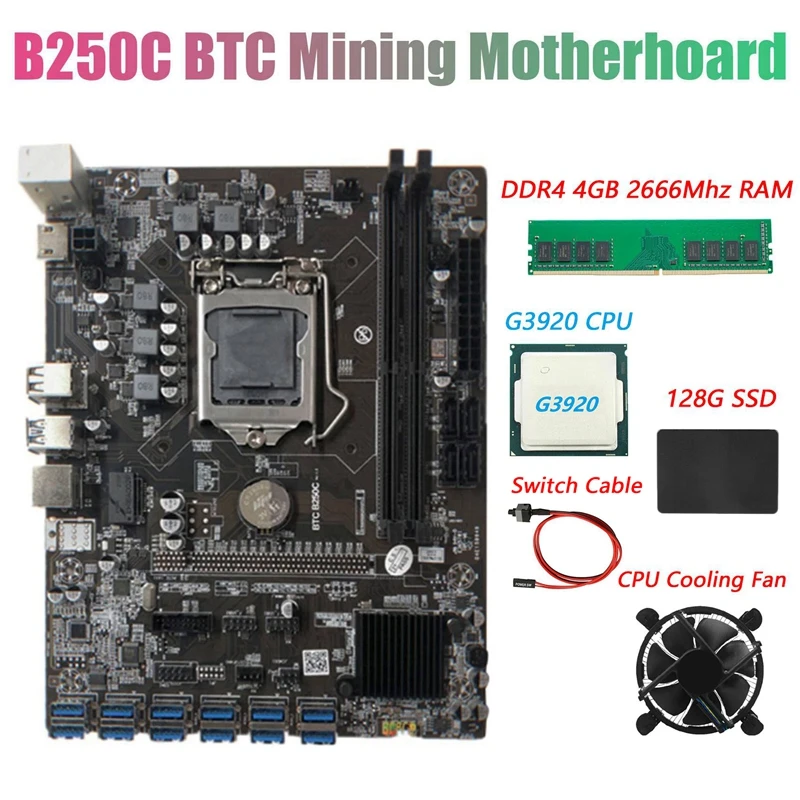 B250C BTC Miner Motherboard+G3920 or G3930 CPU CPU+Fan+DDR4 4GB 2666Mhz RAM+128G SSD+Cable 12XPCIE to USB3.0 Graphics Card Slot top pc motherboards