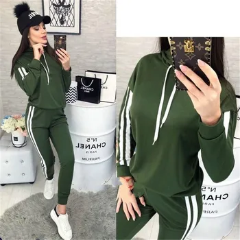 

2 Piece Set Women Spring Autumn Tracksuit Hooded Side Striped Top And Pants Suit Casual Sportswear Female Outfits Chandal Mujer