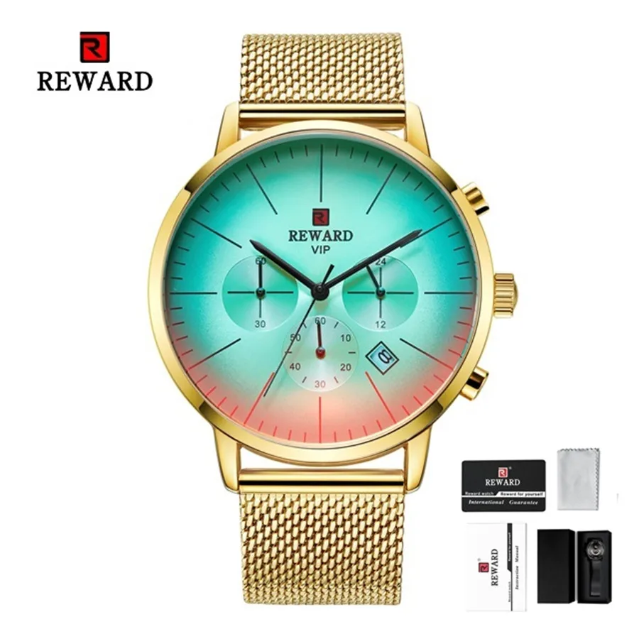 

REWARD Color Bright Glass Watch Men Luxury Chronograph Men's Stainless Steel Sport Quartz Leather Wrist Watch Relogio Masculino