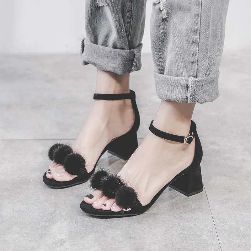 

Korean-style Versatile WOMEN'S Shoes 2019 Summer New Style A- line with Fairy Wind Sweet Furry Ball Chunky-Heel Simple Sandals W