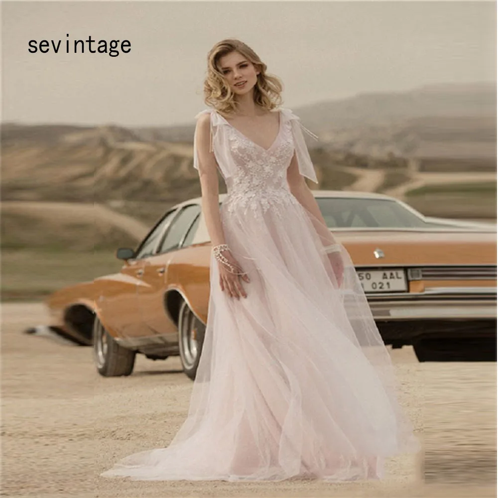 

sevintage Princess Bohemia Wedding Dress Appliques Lace Backless Boho Bridal Gowns V-Neck Princess Bride Party Dresses 2021