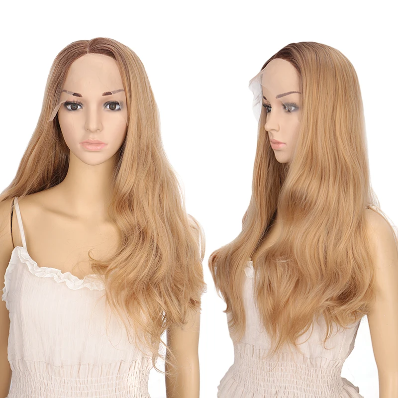 

DIANQI 20 "Side Part Lace Front Synthetic Ombre Brown Blond Wigs For Women Long Wavy African American Heat Resistant Fiber Wig