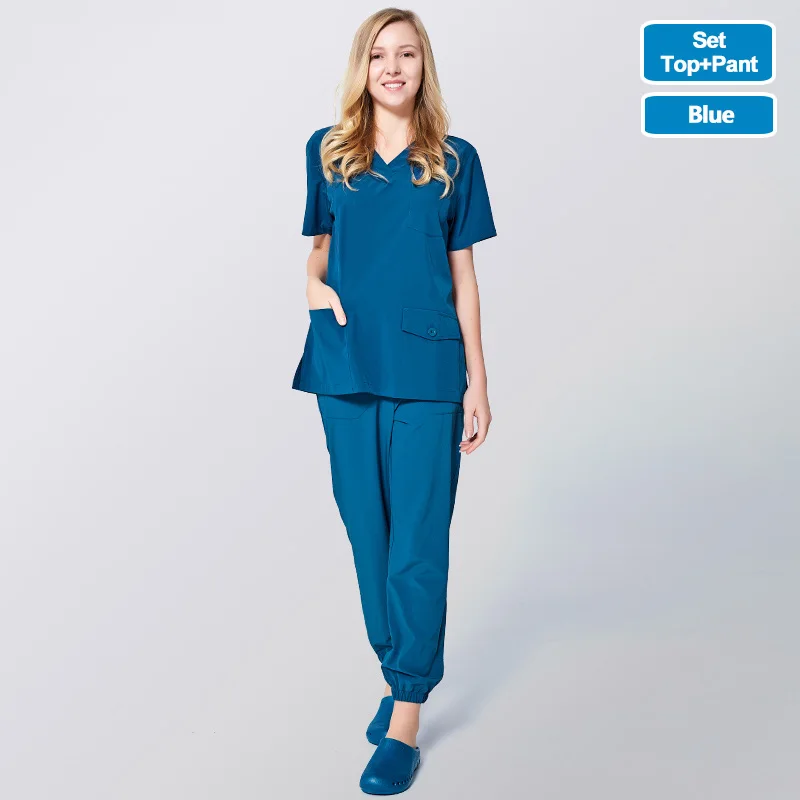 19SS001QinLan-Set191 ANNO медицинский скраб набор не липкие волосы Pet Больничная форма для женщин и мужчин клинический халат для кормления с четырьмя сторонними эластичной тканью - Цвет: 19SS001QinLan-Set191