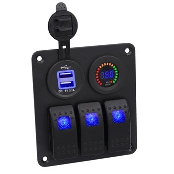 

DC12V-24V 3 Gang Marine Blue LED Switch Panel+ Dual USB + Color Voltmeter