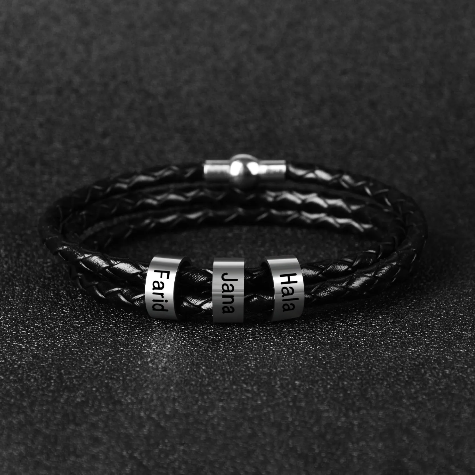 Personalized Mens Braided Genuine Leather Bracelet Stainless Steel Custom Beads Name Charm Bracelet for Men with Family Names