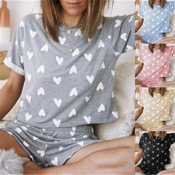 

Love Heart Printed New Casual Women Pajama Sets Short Sleeve Tops T-shirt And Bottom Female Sleep Wear
