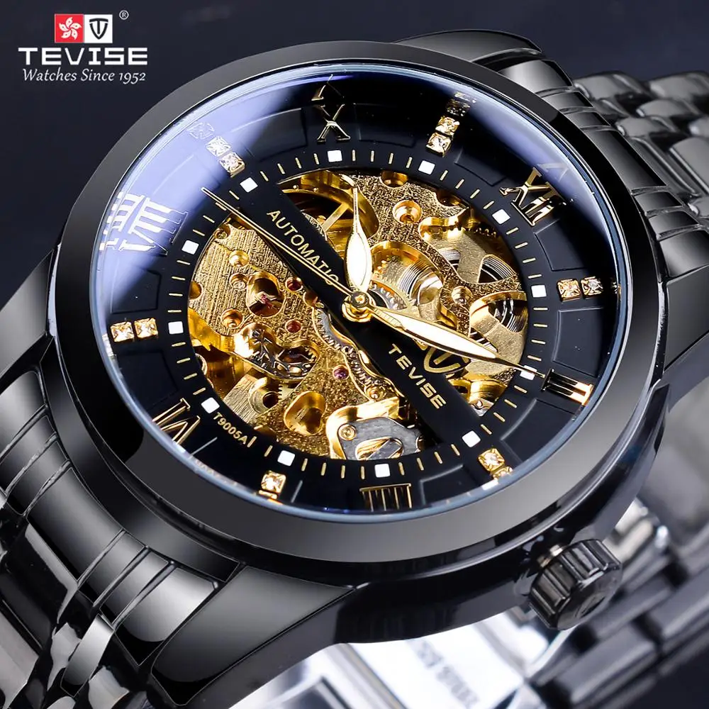 

TEVISE Golden Transparent Analog Diamond Display Gear Open Work Skeleton Mens Automatic Wrist Watch Top Brand Waterproof Clock