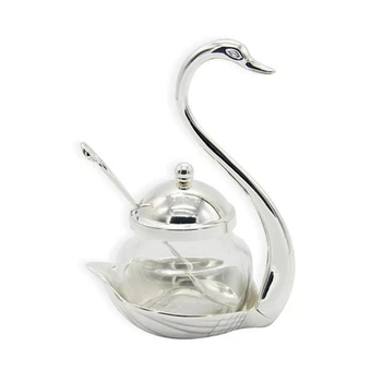 

FashionAluminum alloy Condiment Pot Seasoning Container Spice Glass Jar Salt Sugar Bowl Pepper Coffee Storage Organizer Swan Rac