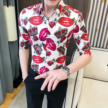 

High Quality Red Lips Retro Men Shirt Summer Short Sleeve 2020 Casual Slim Fit Hawaiian Shirt Streetwear Social Nightclub Blusa