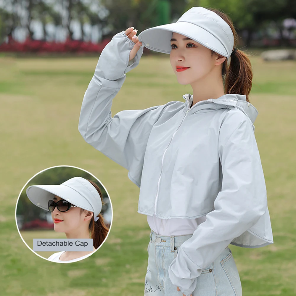 Light grey Одежда для защиты от солнца на открытом воздухе, Женская защитная одежда с длинными рукавами и широкими полями, Съемная шляпа от солнца - Цвет: Light grey