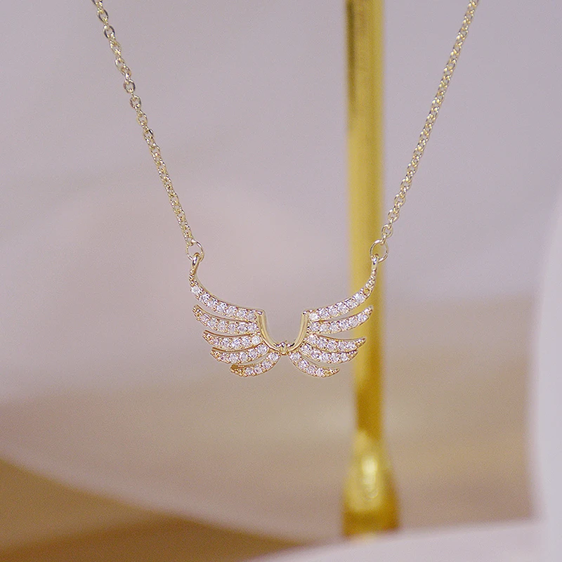 14k Real Gold Exquisite simplicity Angel Wings Necklace Charm Short Design Clavicle Zircon Women Kolye Birthday Gift Pendant
