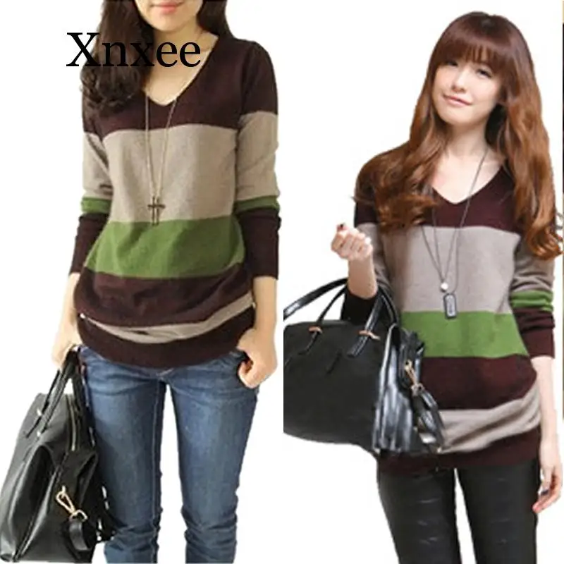

winter vintage striped wool sweater Women Stitching Cashmere Sweater Casual V-neck Knitted Autumn Winter Striped Pullovers