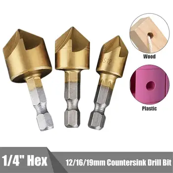 

3PCS 12/16/19 mm Hexagonal Shank Titanium Five Flutes Chamfer Countersink Drill Bit