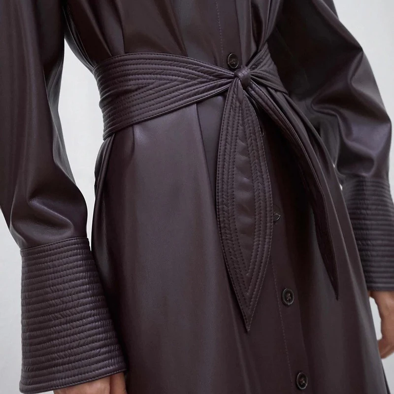 TWOTWINSTYLE платье из искусственной кожи для женщин, воротник с лацканами, длинный рукав, высокая талия, с поясом, макси платья для женщин,, осенняя мода