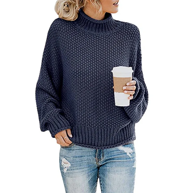 Свитер женская модная одежда осень зима теплый длинный рукав водолазка вязаный свитер женский большой размер Свободный пуловер Топы - Цвет: Navy Blue MY6307