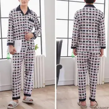 

New Men's pajamas suit cotton spring and autumn long-sleeved lattice men's pajamas suit pajamas collar pajamas men's pajamas two