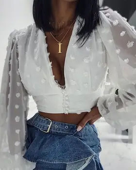 

Dot Jacquard V Neck Crop Top Women Long Sleeve White Blouse Shirt Summer 2020 Mini Lantern Sleeve Blusa Mujer