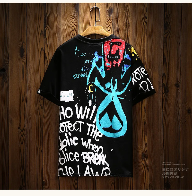 

Hip Hop Letter Graffiti Short Sleeve Fashion Tshirt Men Blcack Cotton Street Tshirt Men Slim Fit Hip Hop Clothing Style II50DX