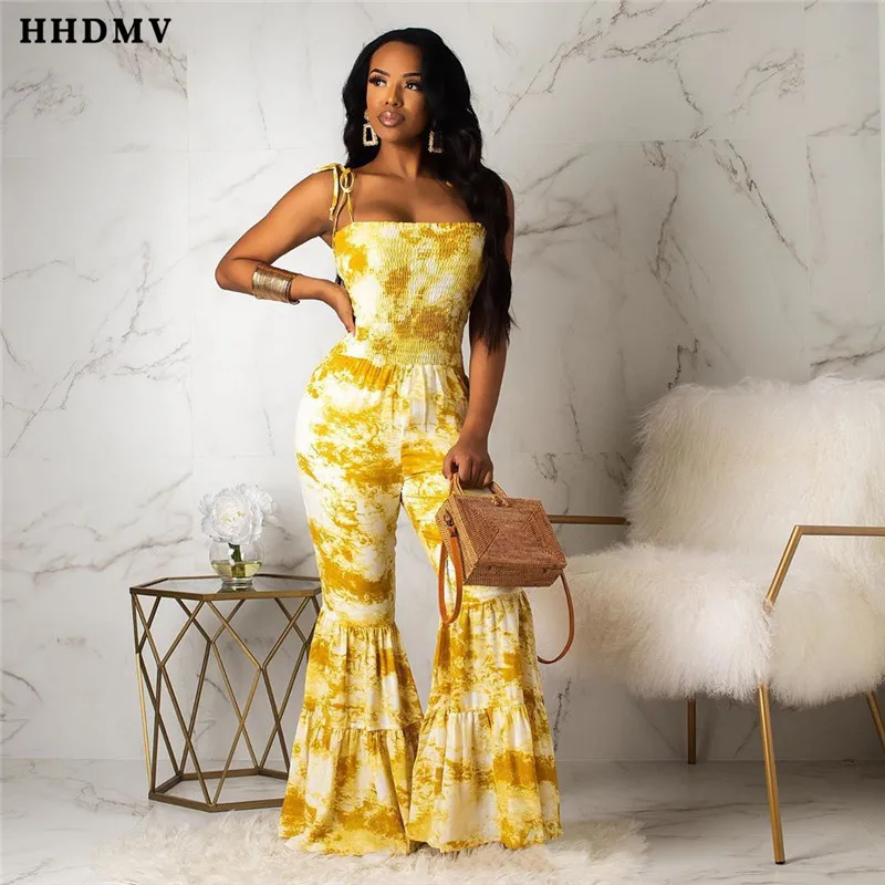 

HHDMV RRK221 summer fashion 2019 new holiday style jumpsuits sleeveless condole belt printed yellow loose jumpsuits long pants