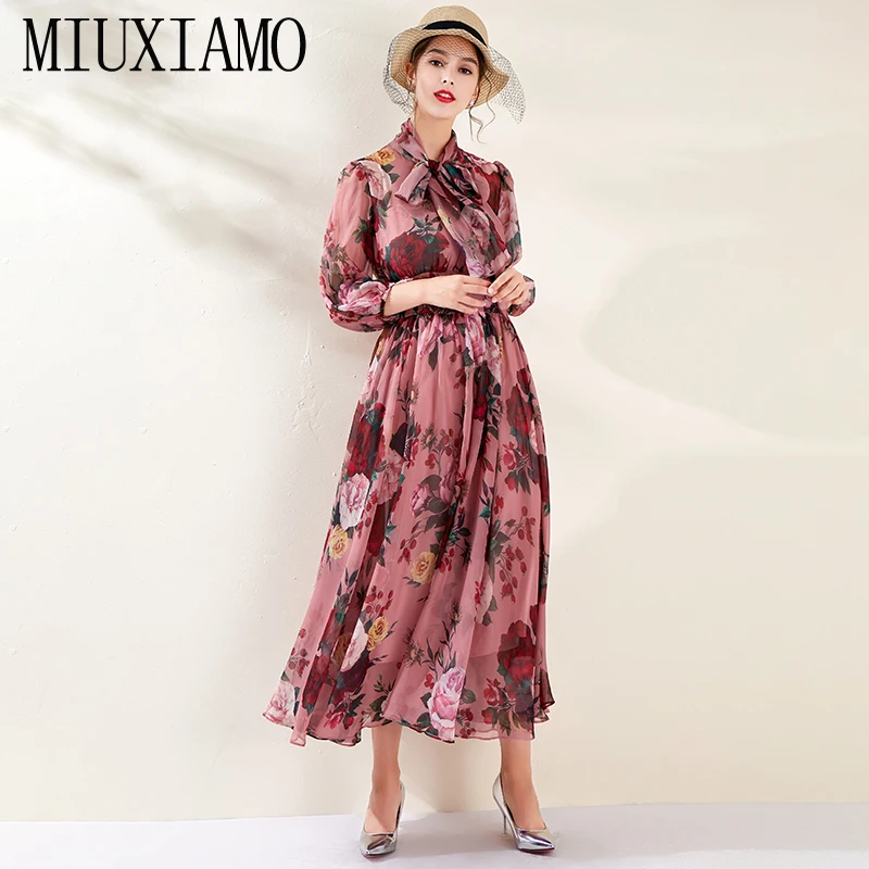 MIUXIMAO, высокое качество,, летнее и весеннее платье, винтажный цветочный принт, Элегантное повседневное платье, женское платье с бантом