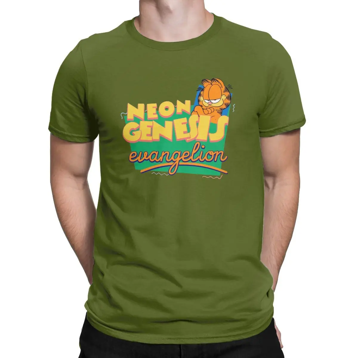 Army Green Tyburn Neon Genesis Evangelion Garfield, мужские футболки, милая забавная футболка с котом, футболка с коротким рукавом, чистый хлопок, одежда для взрослых - Цвет: Army Green
