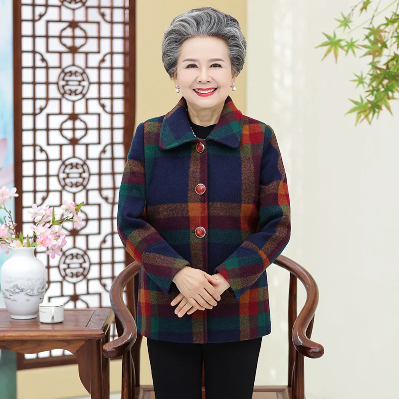 Autumn Woolen Jacket Women's Winter Middle-aged 60-70-Year-Old Middle-aged Women Dress Grandma Tops Plaid Thick outside Clothes