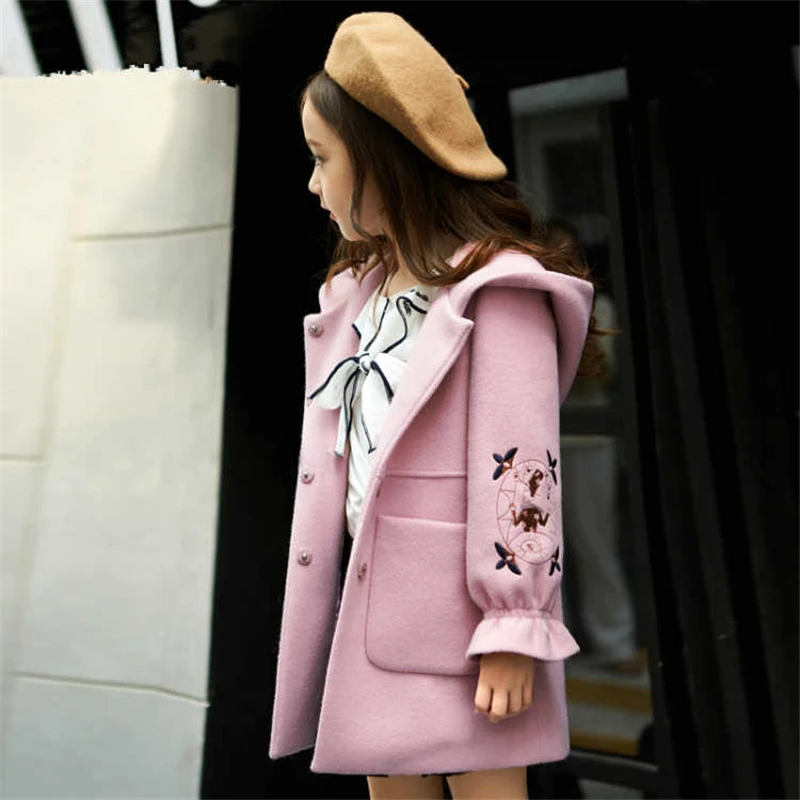Girls Woolen Coat Autumn Girls Thick Children's Clothing Autumn and Winter Wear Large Children's Woolen Hooded Coat