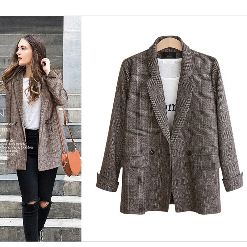 Autumn Blazer Women 2020 New Plaid Korean Jackets Long Sleeve Notched Vintage Casual Fashion Office Coats Plus Size 4XL 5XL |
