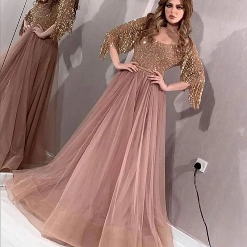 

Sexy A-Line Tulle Sequined Evening Dresses with Tassel helf sleeves floor length prom party wear