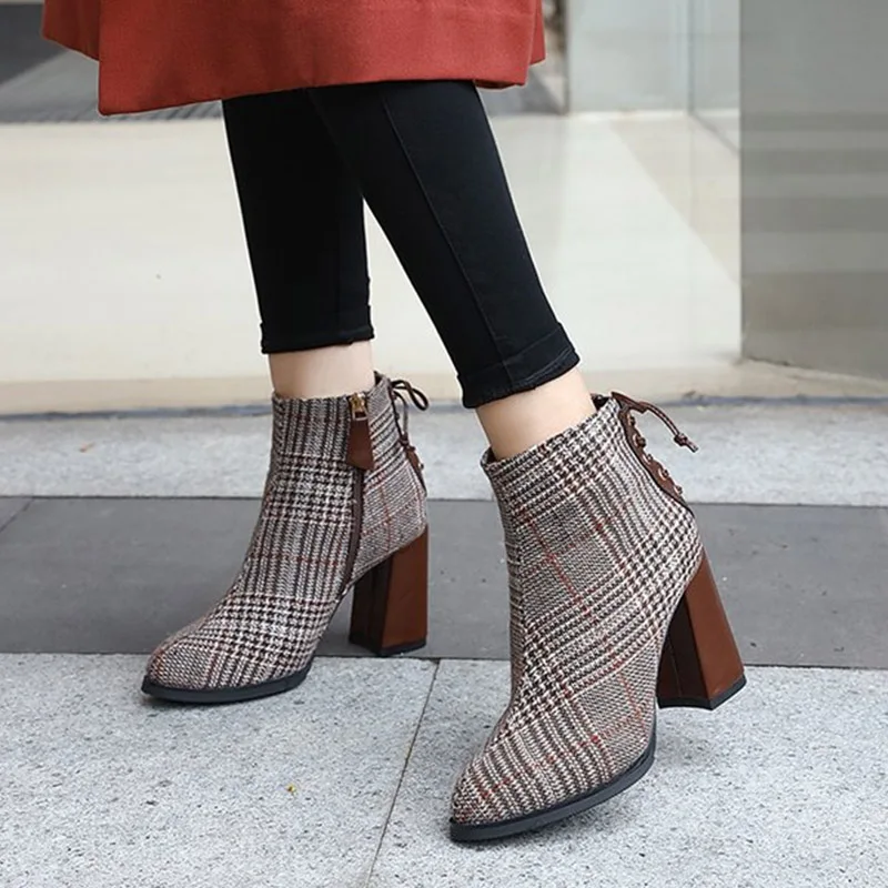 

Women's High Square Heels Suede Ankle Boots Women Zip Fashion Lace Up Woman Short Plush Short Boots Female Plaid Retro Shoes New