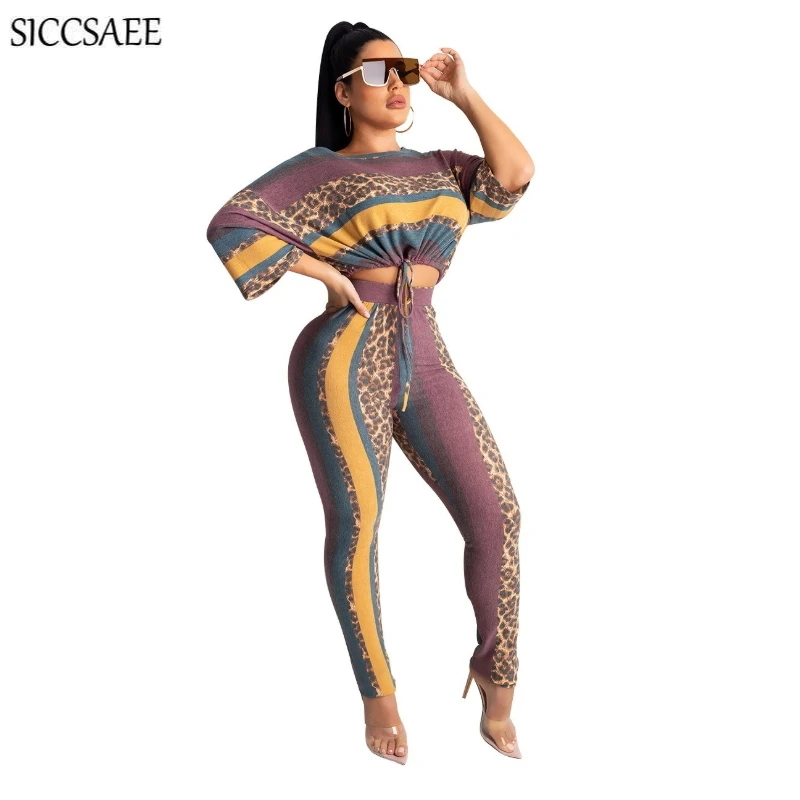 

Leopard Striped Printed Two Piece Set Ruched Crop Top And Pants Sweat Suit Clothing Sexy Casual Outfits For Women Autumn 2019