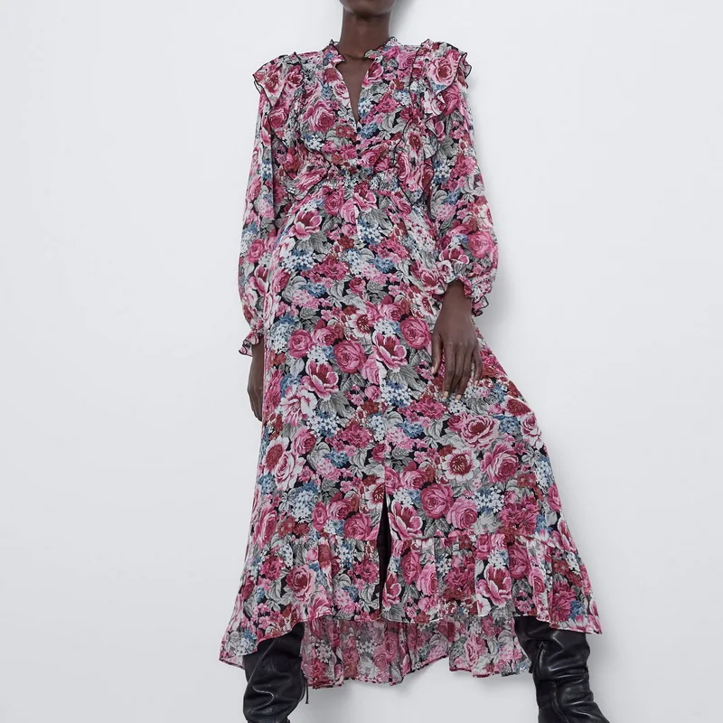 

Women Floral Chiffon Dress Autumn 2019 New Fashion Full Sleeve Vintage Prints Pattern Modern Lady Ruffles Long Dress