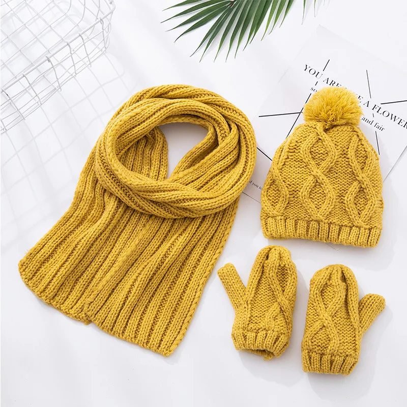 yellow(set) Детский зимний теплый вязаный шарф для мальчиков и девочек, шапка, перчатки, Детские шарфы, однотонные вязаные шапки желтого и красного цвета - Цвет: yellow(set)