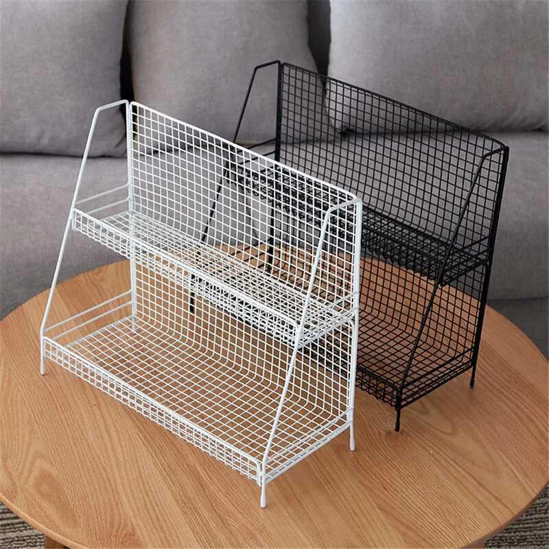 JEYL Home Double Layers Rack Metal Kitchen Bedroom Desk Organizer Seasoning Jar Student Dormitory Storage Shelf-Black