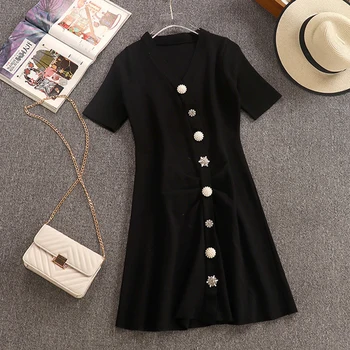 

Women's Black Short Sleeve V Neck Elegant Dresses Mini Length White 2020 Summer A Line Casual Knitted Dress Robe Femme Vestidos