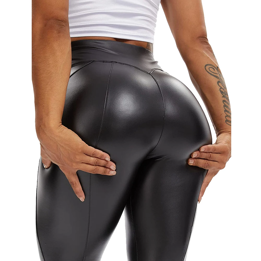 Faux Leather Leggings for Women High Waist Butt Push Up PU Leather Pants Stretch Skinny Tights Elastic Shaping Hip Yoga Pant