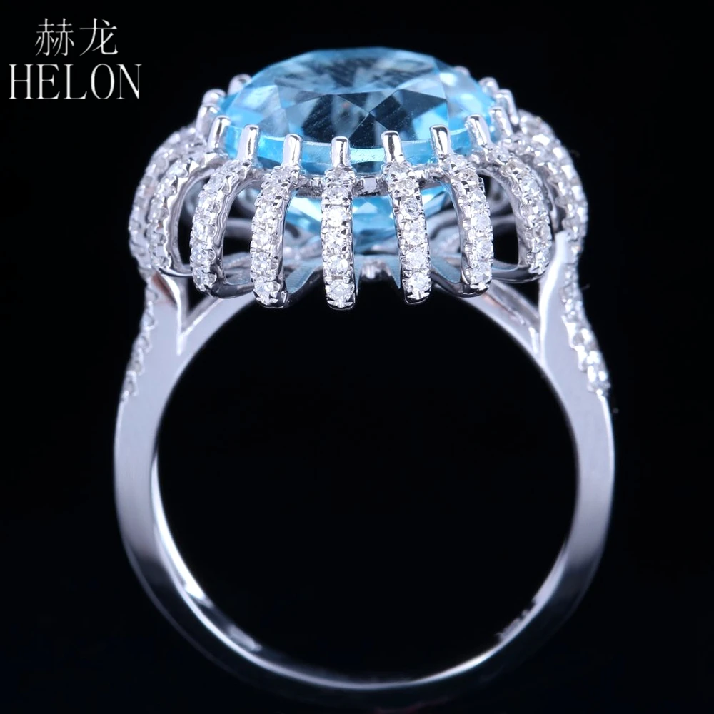 HELON Solid 10 к белое золото безупречный круглый 7.4ct натуральный голубой топаз настоящие бриллианты обручальное кольцо для женщин уникальные ювелирные изделия