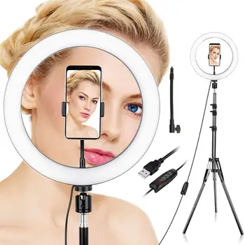 

LED Ring Light with Tripod Stand Dimmable Ring Light 3 Color Modes 10 Brightness USB Powered Phone Holder for Live Streaming