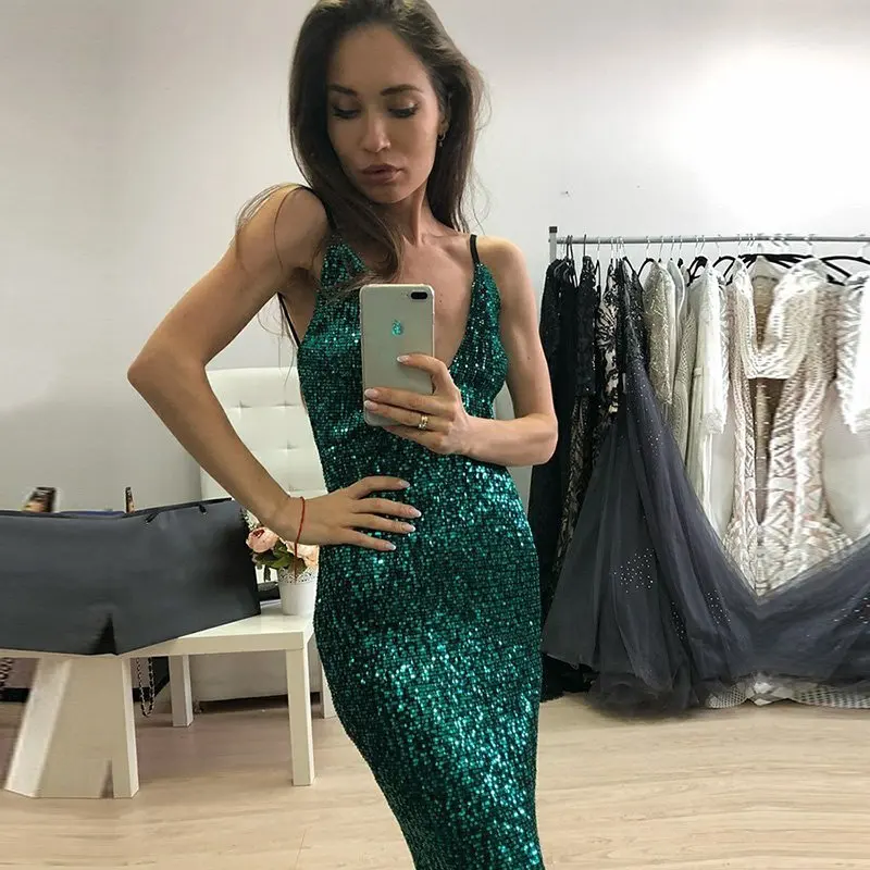 

BBQ066 Green Color Sexy Open Back Bling Bling Sequins Evening Dresses Mermaid Long Formal Dress Women 2020 Prom Gowns