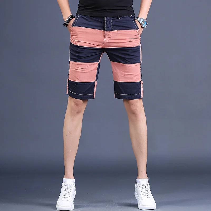 Summer Men Striped Shorts Beach Casual Slim Fit Straight Cotton Shorts